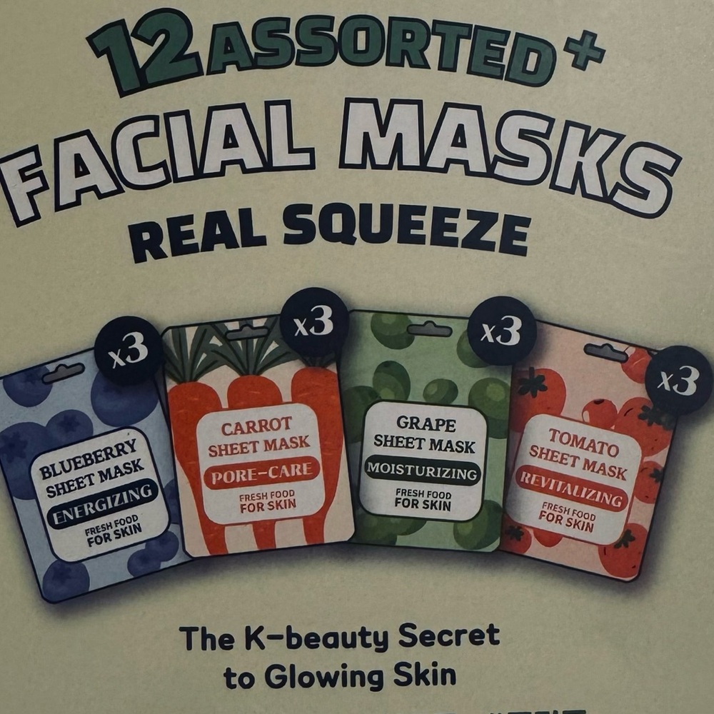 Farm Skin
12 Assorted Squeeze Masks blueberry carrot grape, and tomato varieties